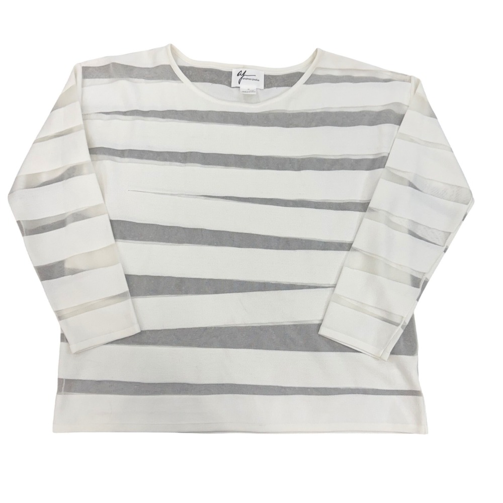 Andrea‎ Jovine Sheer Stripe Knit Top White 3/4 Sleeve Women M clean girl